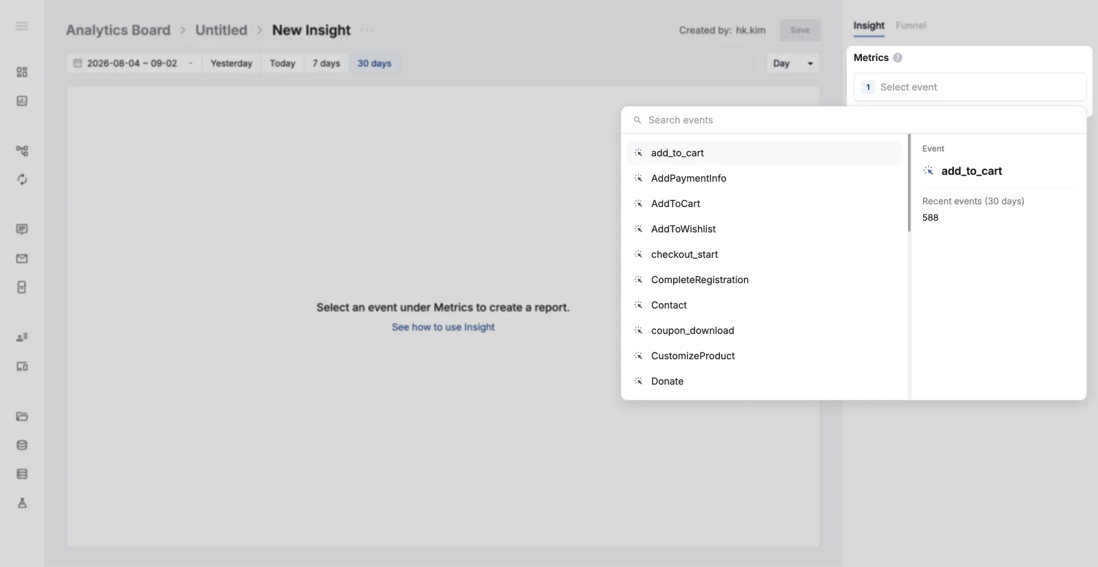 Selecting an event from the Add Event button