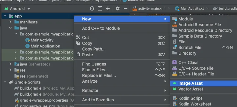 NewとImage Assetオプションが強調表示されたAndroid Studioのコンテキストメニュー