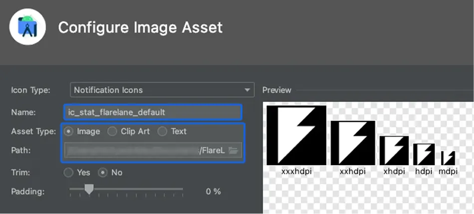 Notification Icons タイプと ic_stat_flarelane_default という名前が設定されたAndroid StudioのImage Assetダイアログ