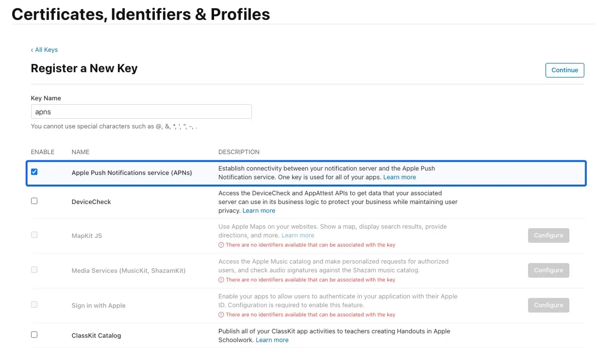 Apple Developer Keys 페이지에서 Apple Push Notifications service 활성화 화면