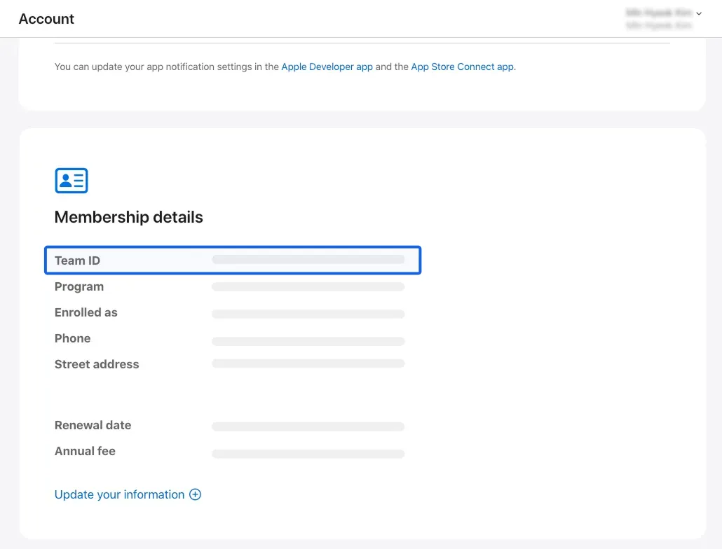 Apple Developer Membership 페이지에서 Team ID 확인 화면