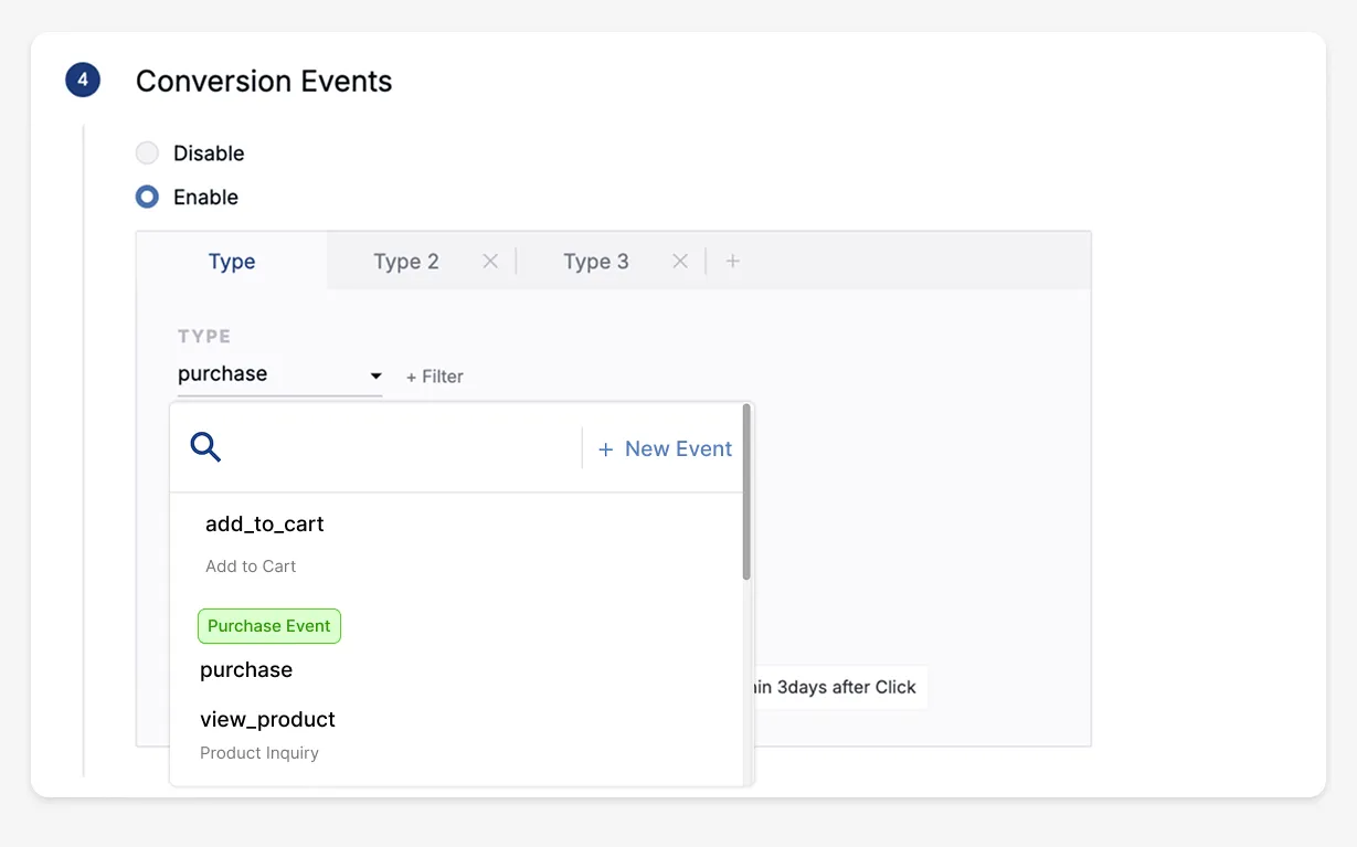 Conversion event setup panel showing event selection, measurement basis, and attribution window fields