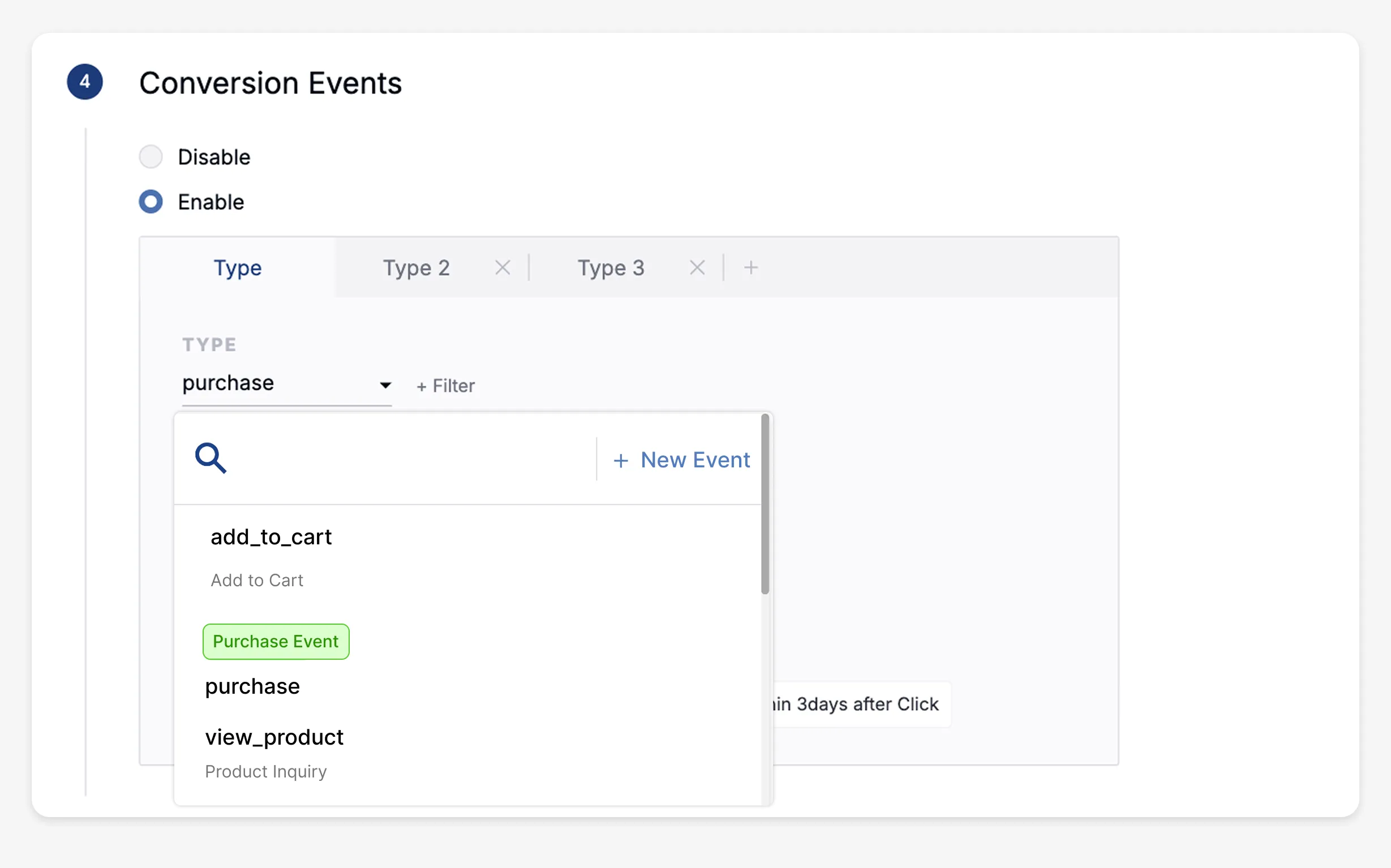 Conversion event type selection showing standard events and purchase events