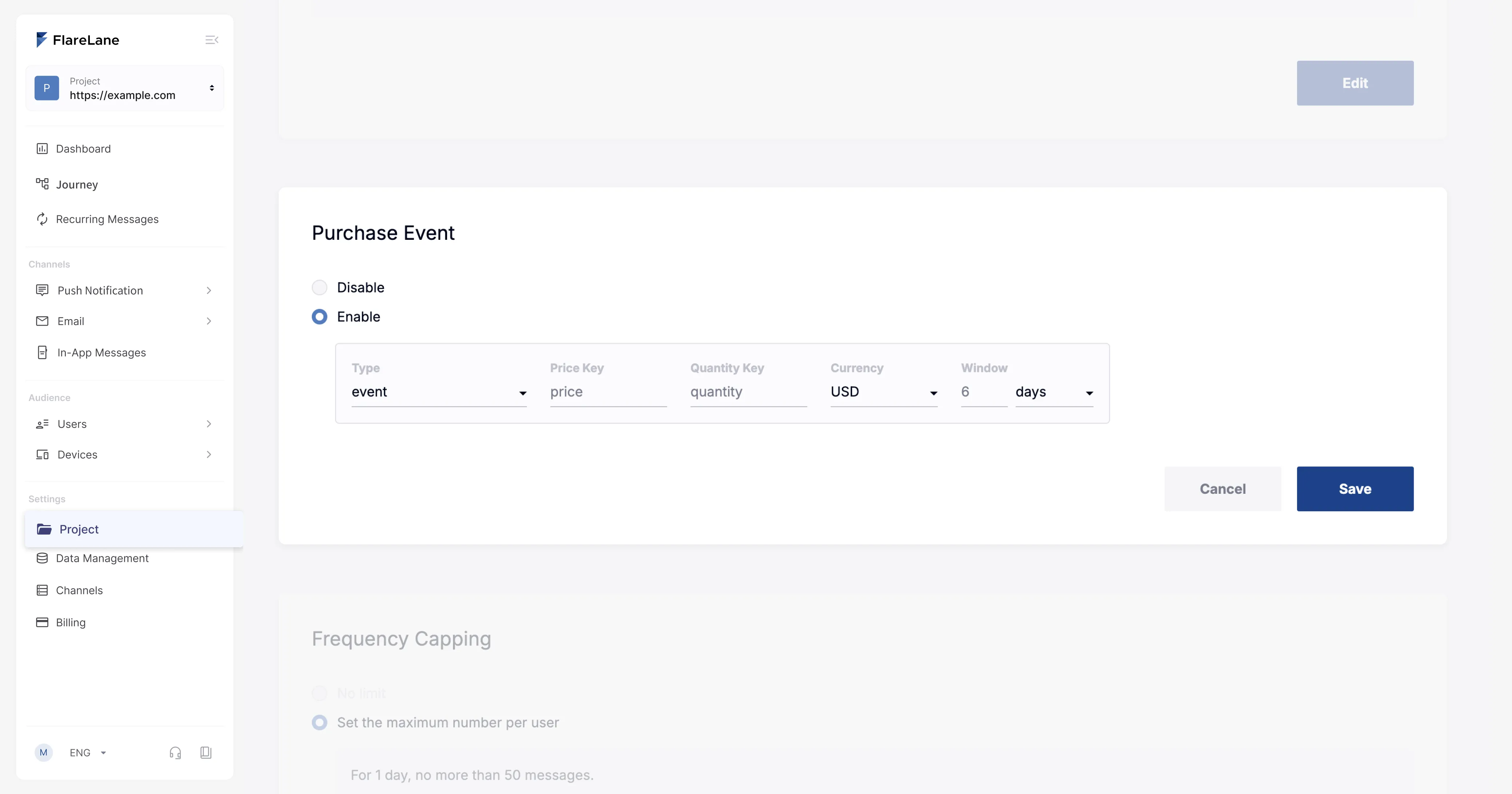 Purchase conversion event configuration with amount key, quantity key, and currency fields
