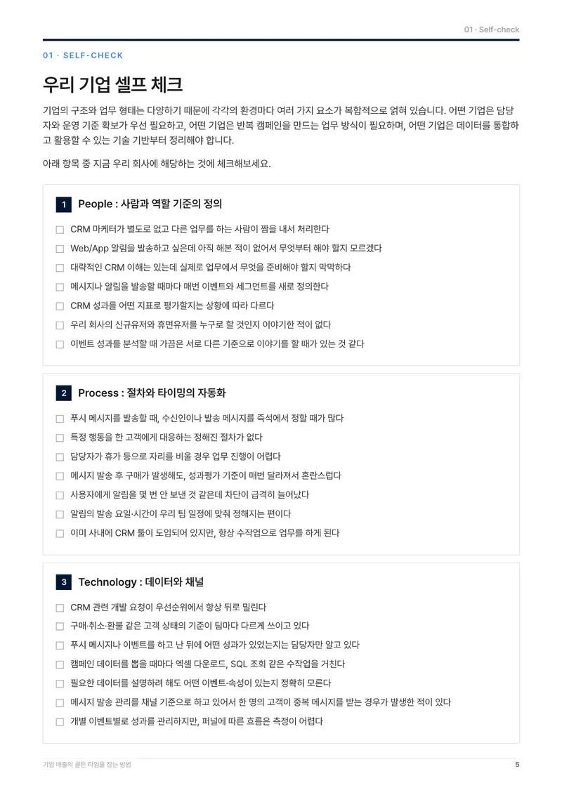 우리 기업 셀프 체크 페이지. People, Process, Technology 영역별 체크 문항 목록