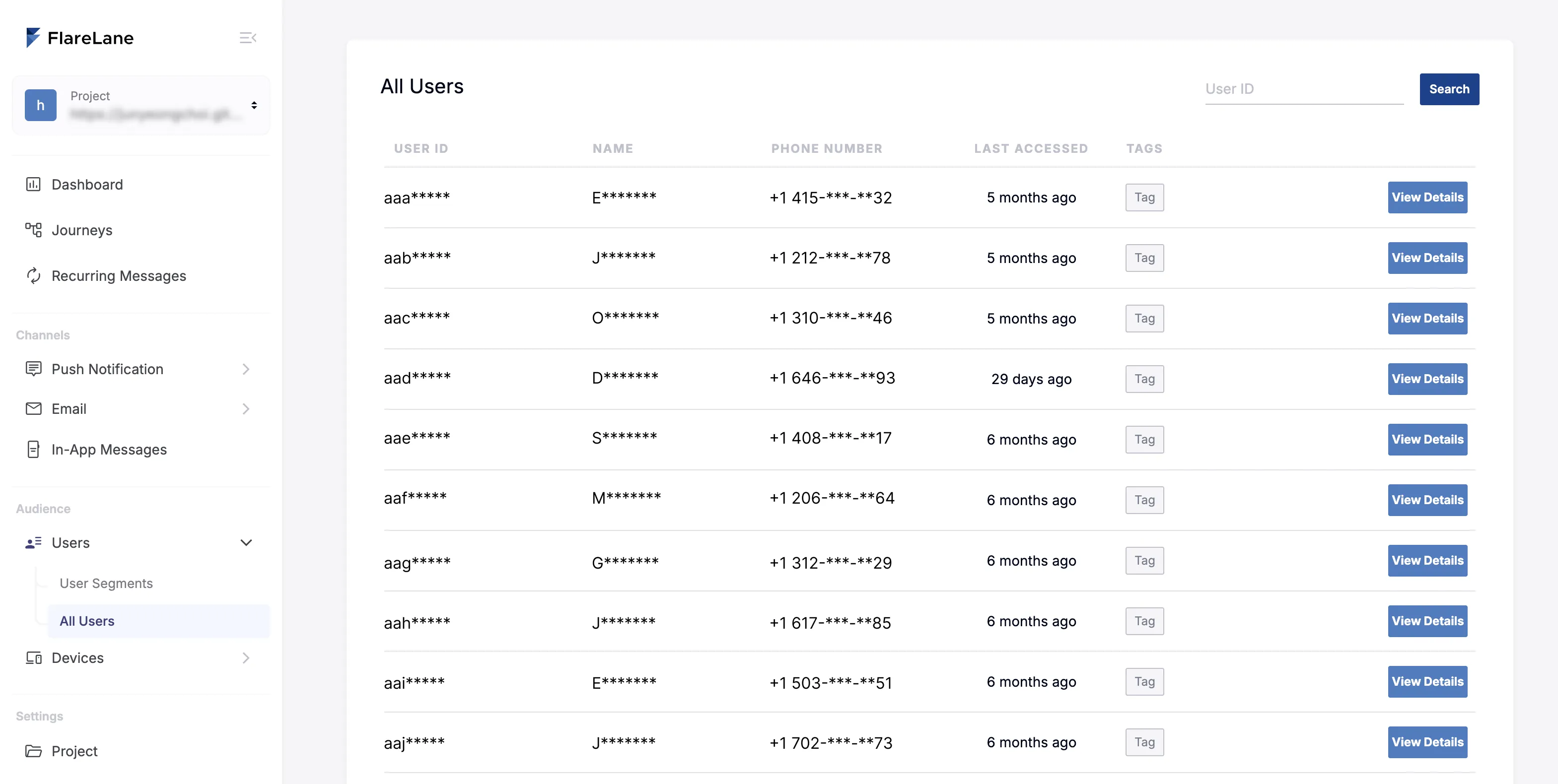 User list page showing partial masking applied to personal information fields