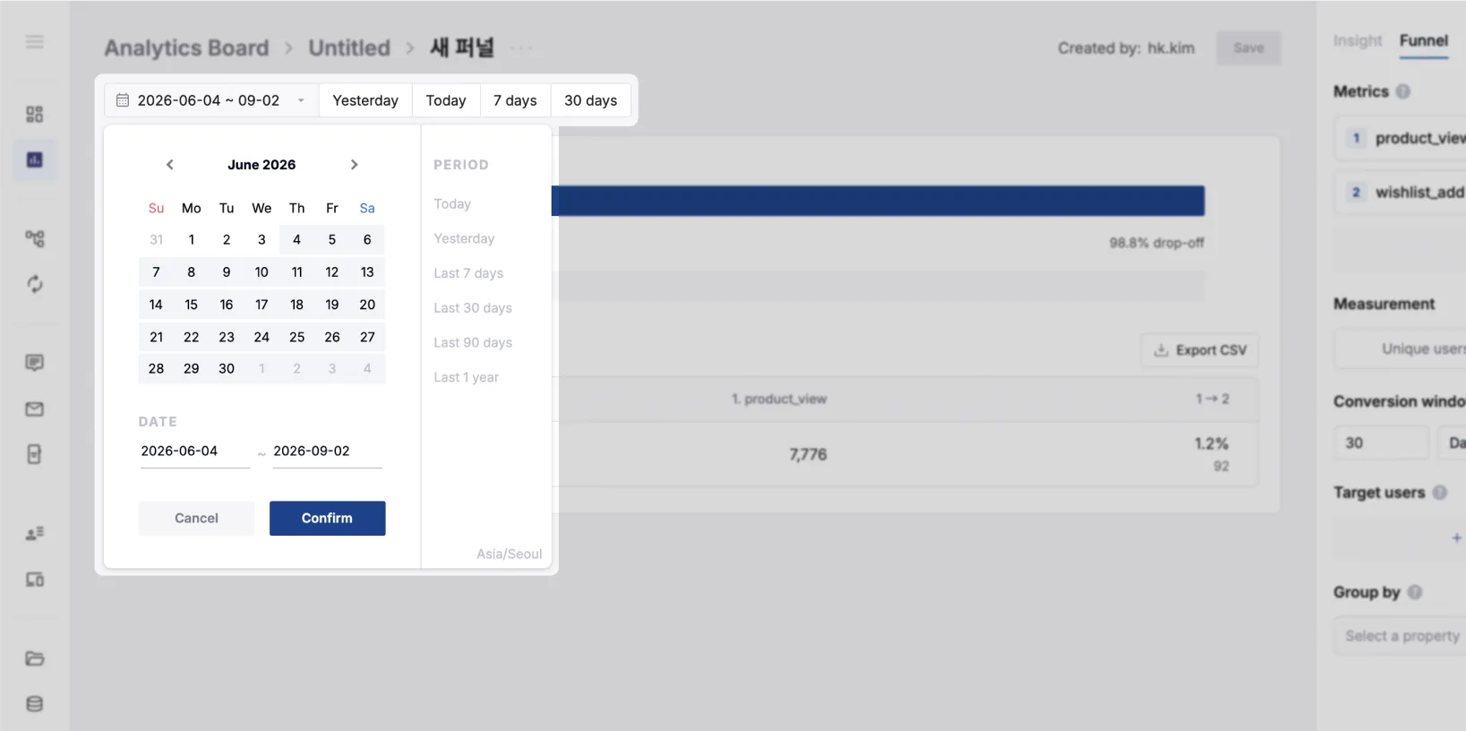 Selecting the date range at the top