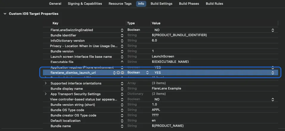 Xcode Info.plist에서 flarelane_dismiss_launch_url 키를 YES로 설정한 화면