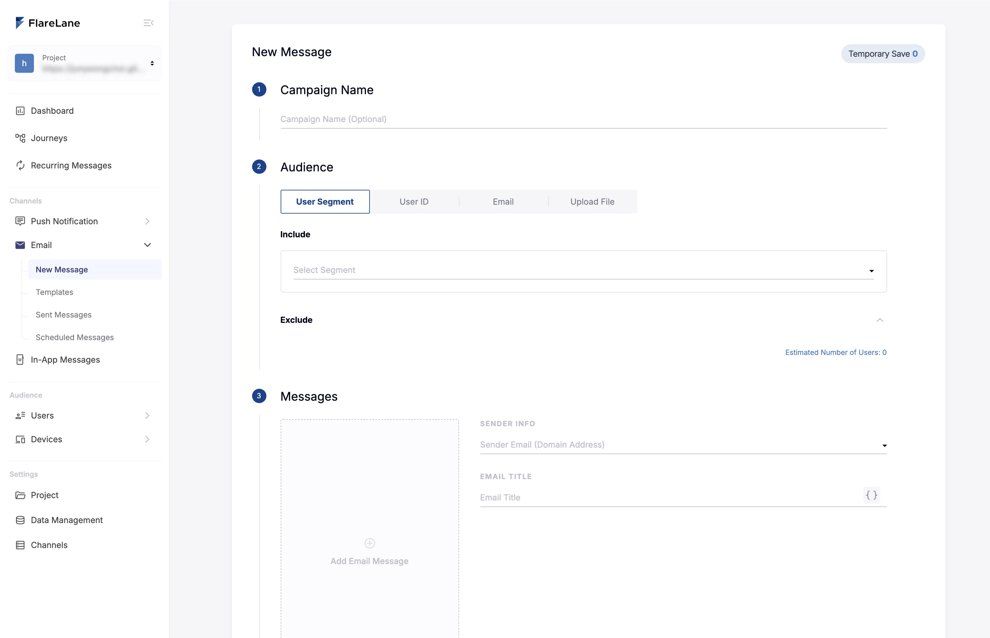 One-time email compose screen with audience, template selection, and delivery timing