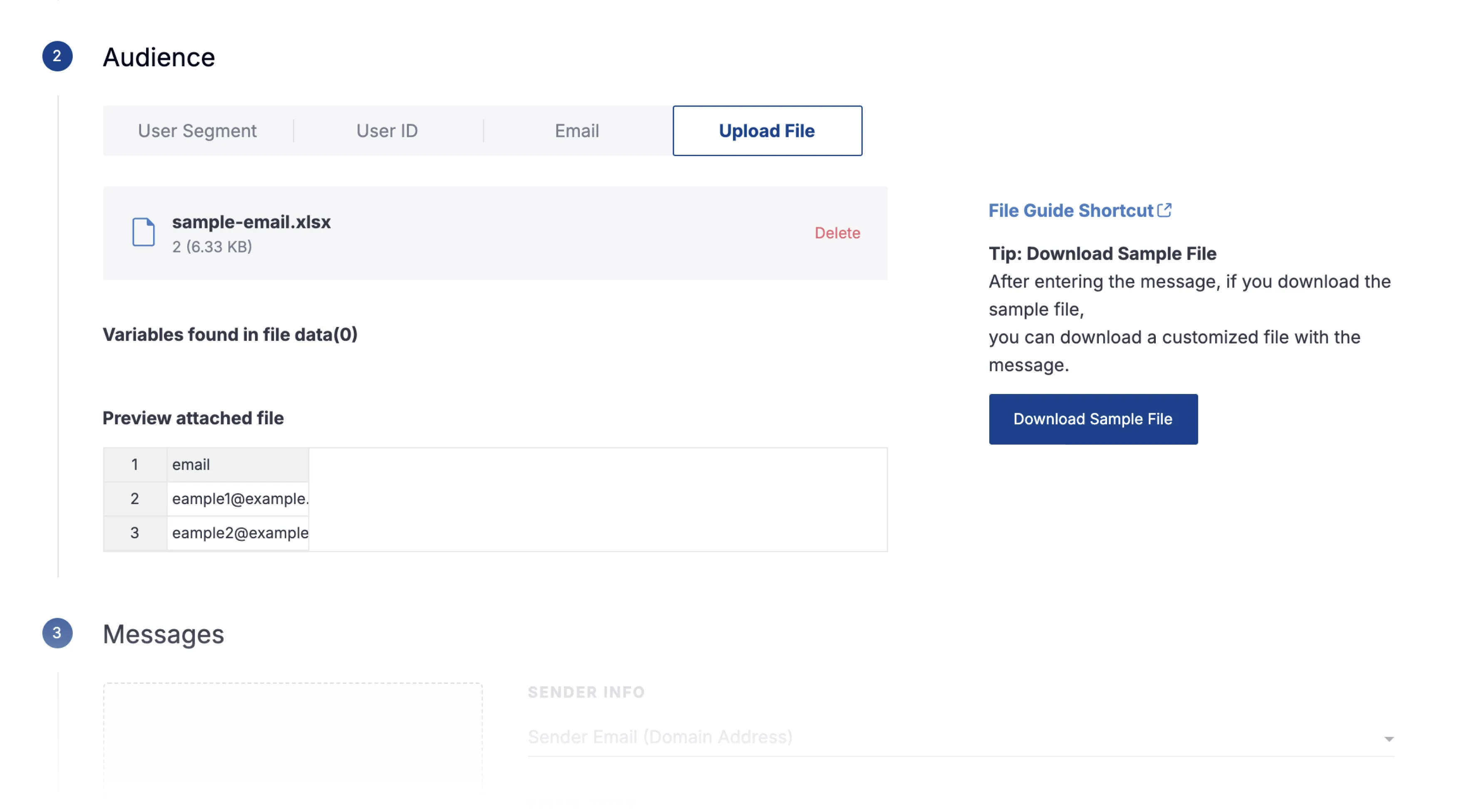 Email file upload validation screen showing email column rules and sample file download