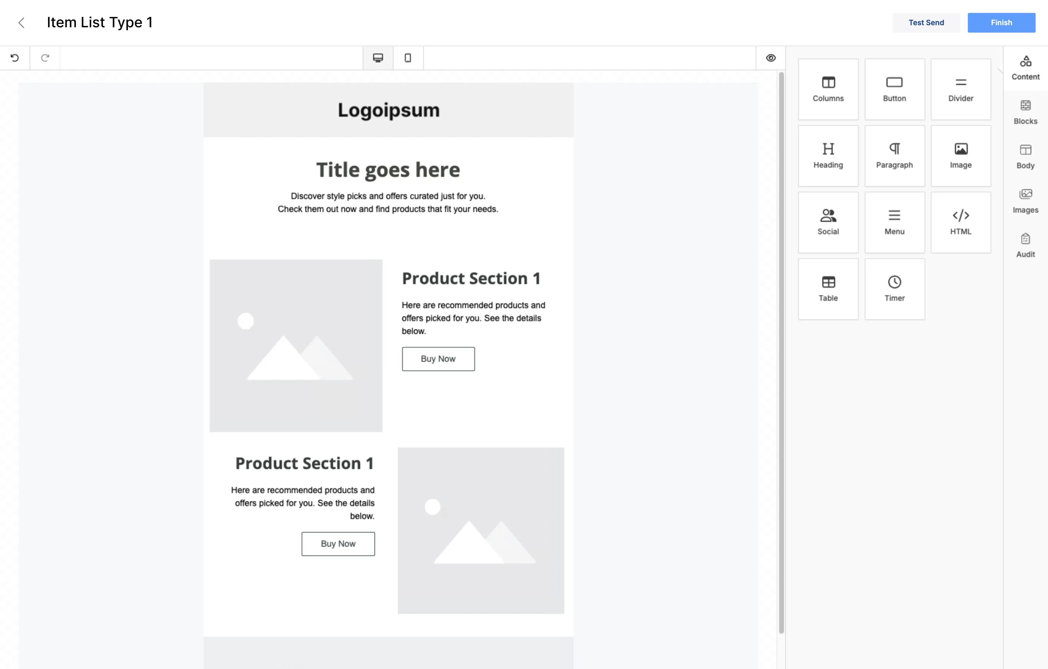 Email content editor with template selection and drag-and-drop editing interface