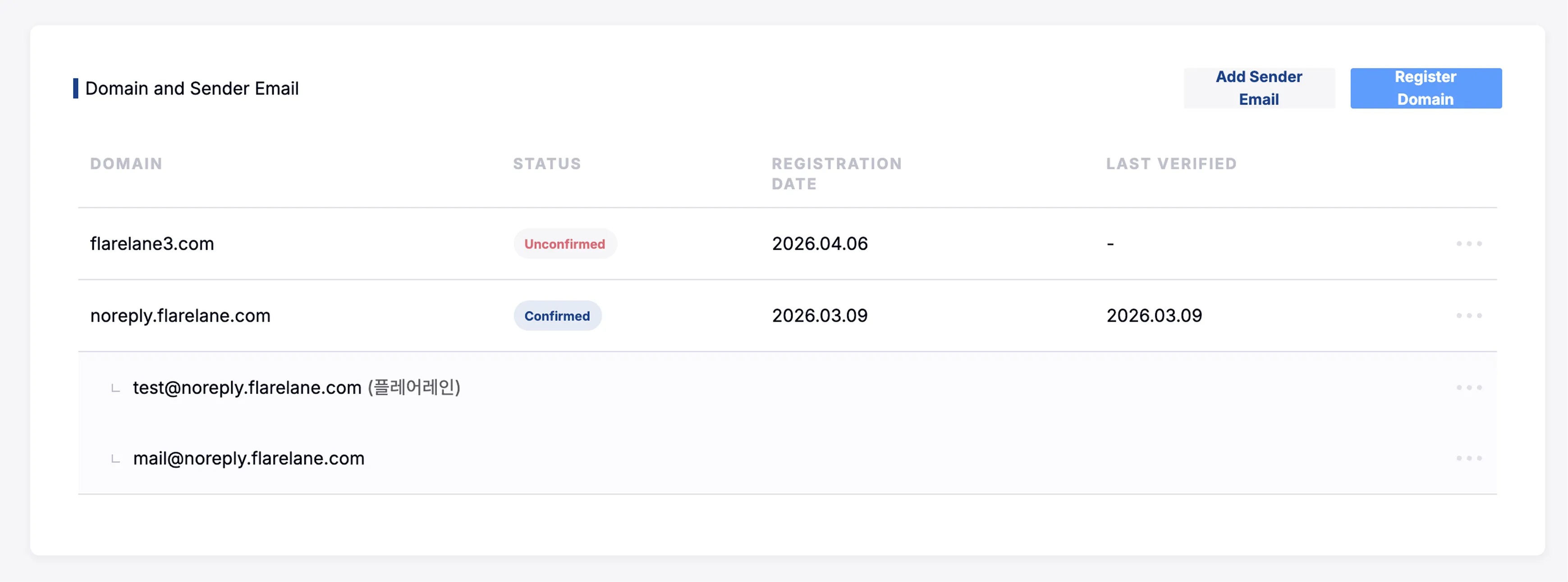 FlareLane console sender email and domain registration settings page