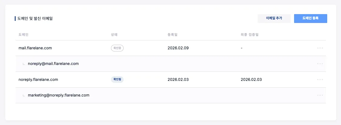 플레어레인 콘솔의 발신 이메일 추가 및 도메인 등록 설정 화면