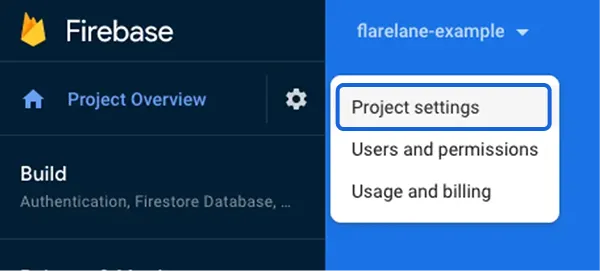 Firebase 콘솔 좌상단 톱니바퀴 버튼과 Project Settings 메뉴