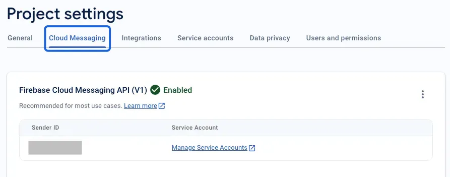 Firebase Cloud Messaging API V1 탭과 Sender ID 확인 화면