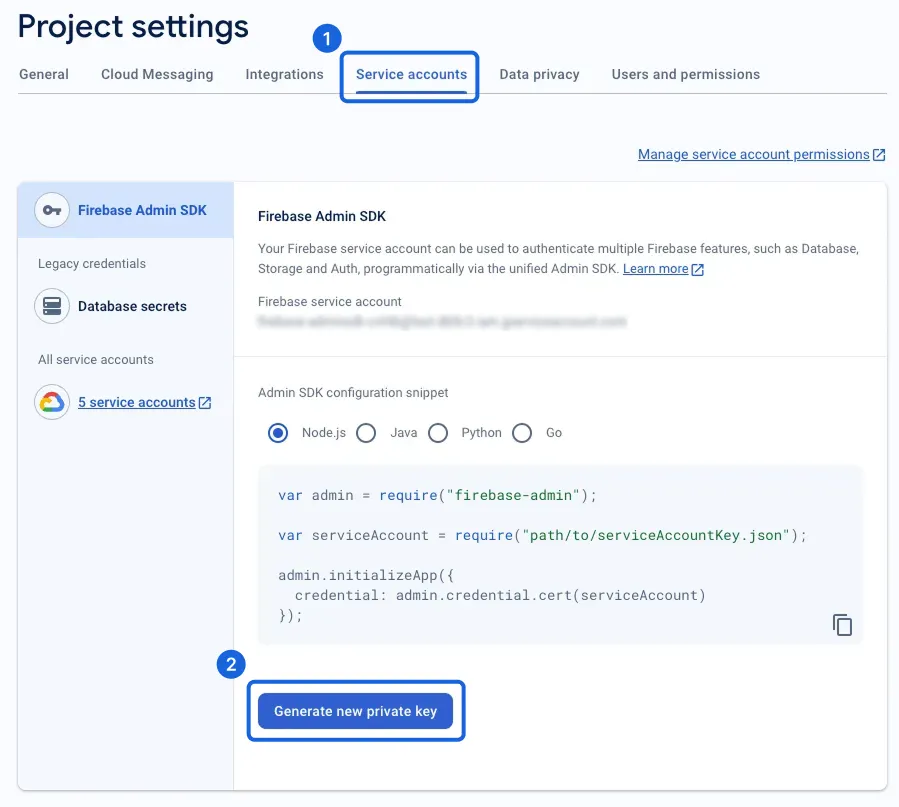 Firebase Service accounts 탭의 새 비공개 키 생성 버튼
