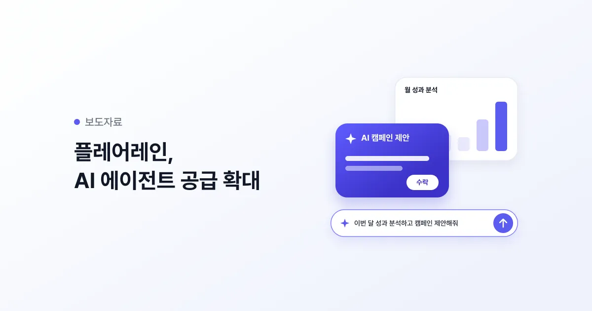 보도자료 라벨과 제목 옆에 월 성과 분석 막대 차트, 수락 버튼이 있는 AI 캠페인 제안 카드, 성과 분석과 캠페인 제안을 요청하는 입력창이 놓인 썸네일