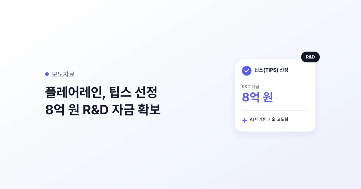 보도자료 라벨과 제목 옆에 팁스(TIPS) 선정 카드와 R&D 자금 8억 원, AI 마케팅 기술 고도화 문구, R&D 배지가 놓인 썸네일