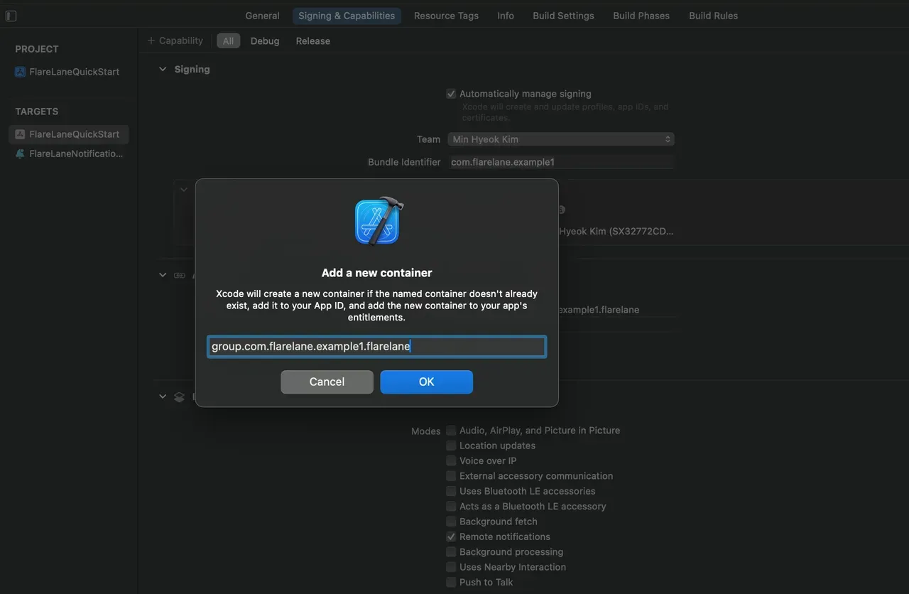 Xcode Signing and Capabilities with App Groups capability and flarelane group added