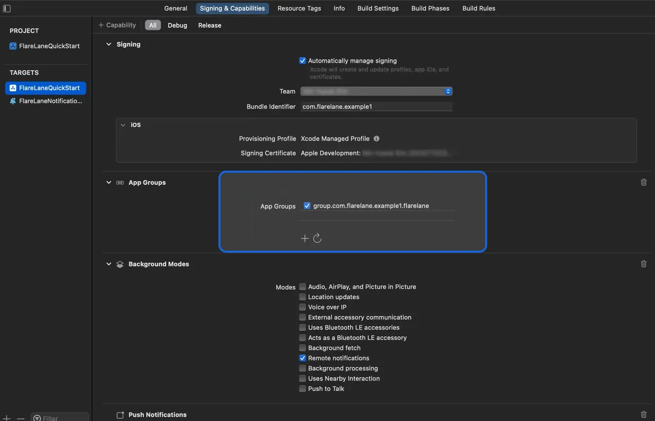 Xcode App Groups capability with the flarelane group enabled