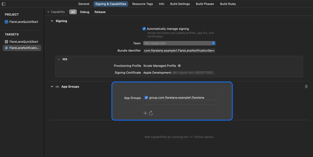 Xcode extension target App Groups capability with the flarelane group enabled