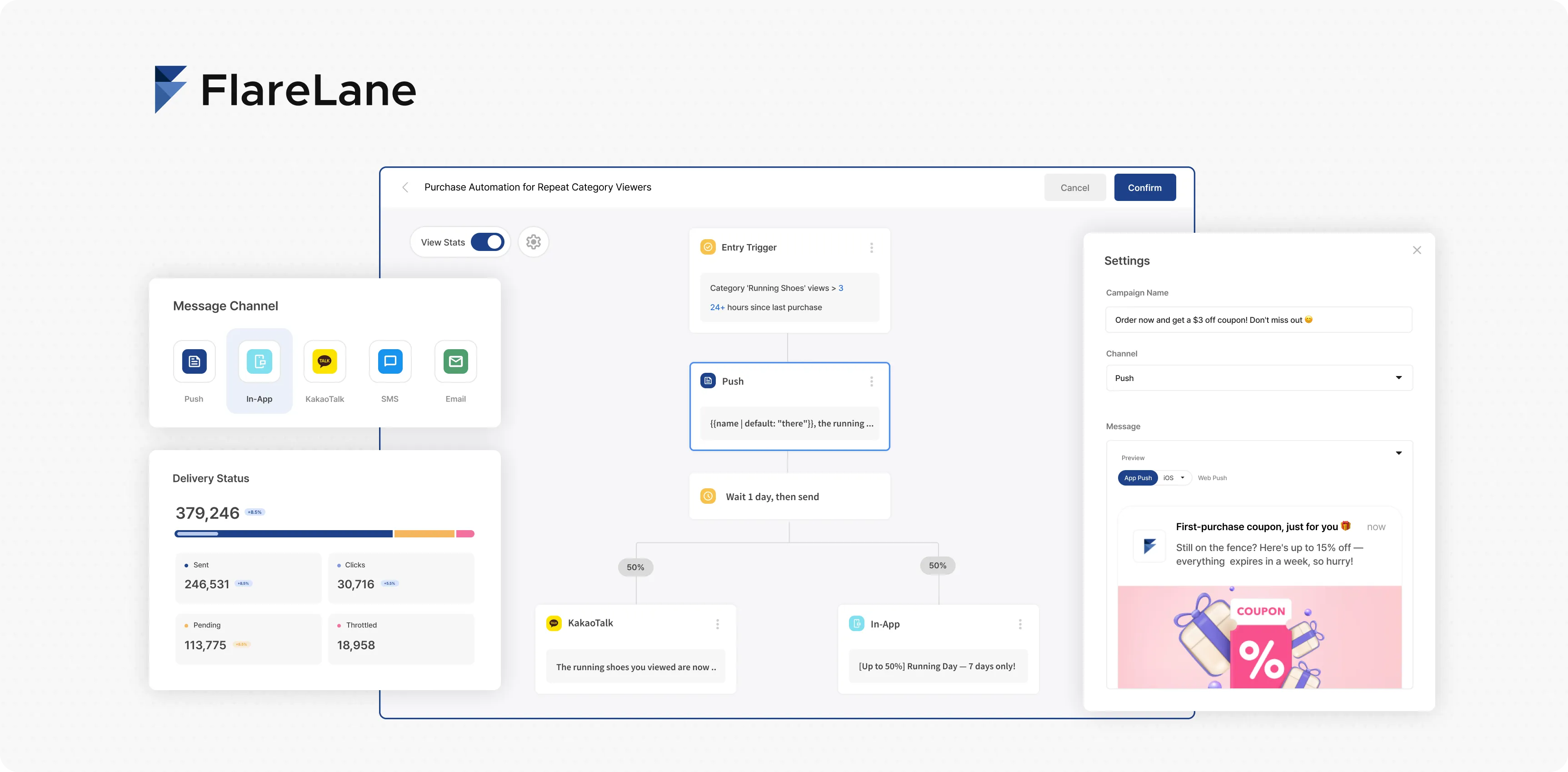 FlareLane console overview showing supported message channels and features