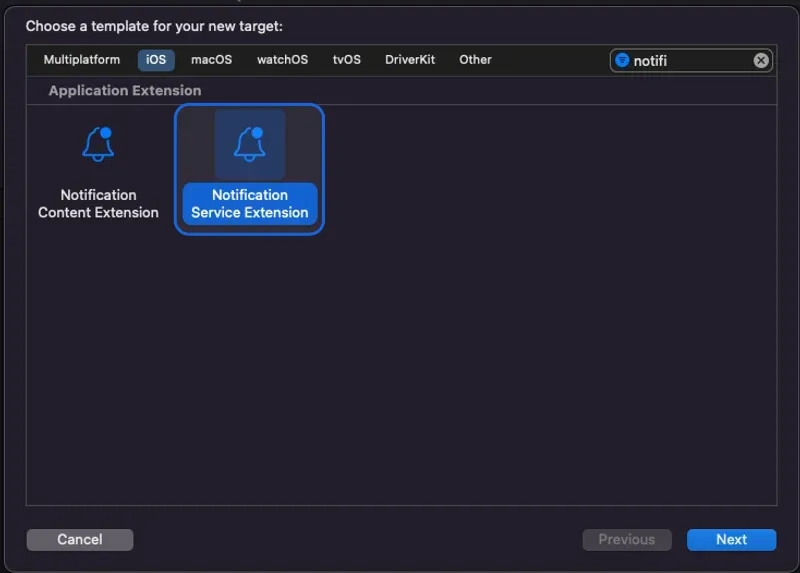 Xcode new target dialog with Notification Service Extension selected