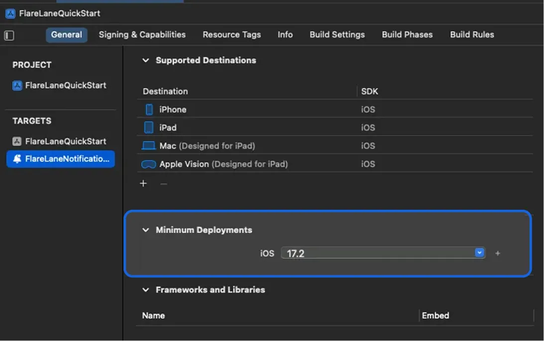 Xcode target Minimum Deployments setting for the Notification Service Extension