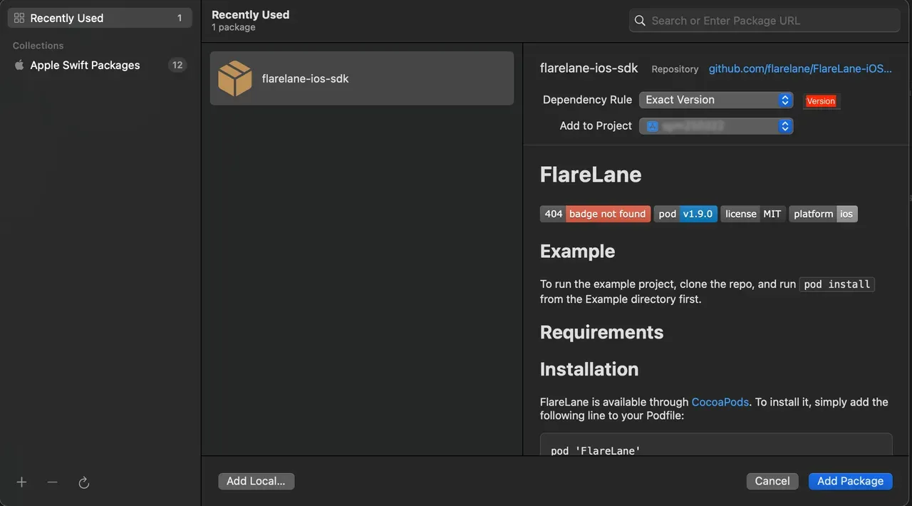 FlareLane iOS SDK の URL と Exact Version を入力した Xcode の Swift Package Manager ダイアログ