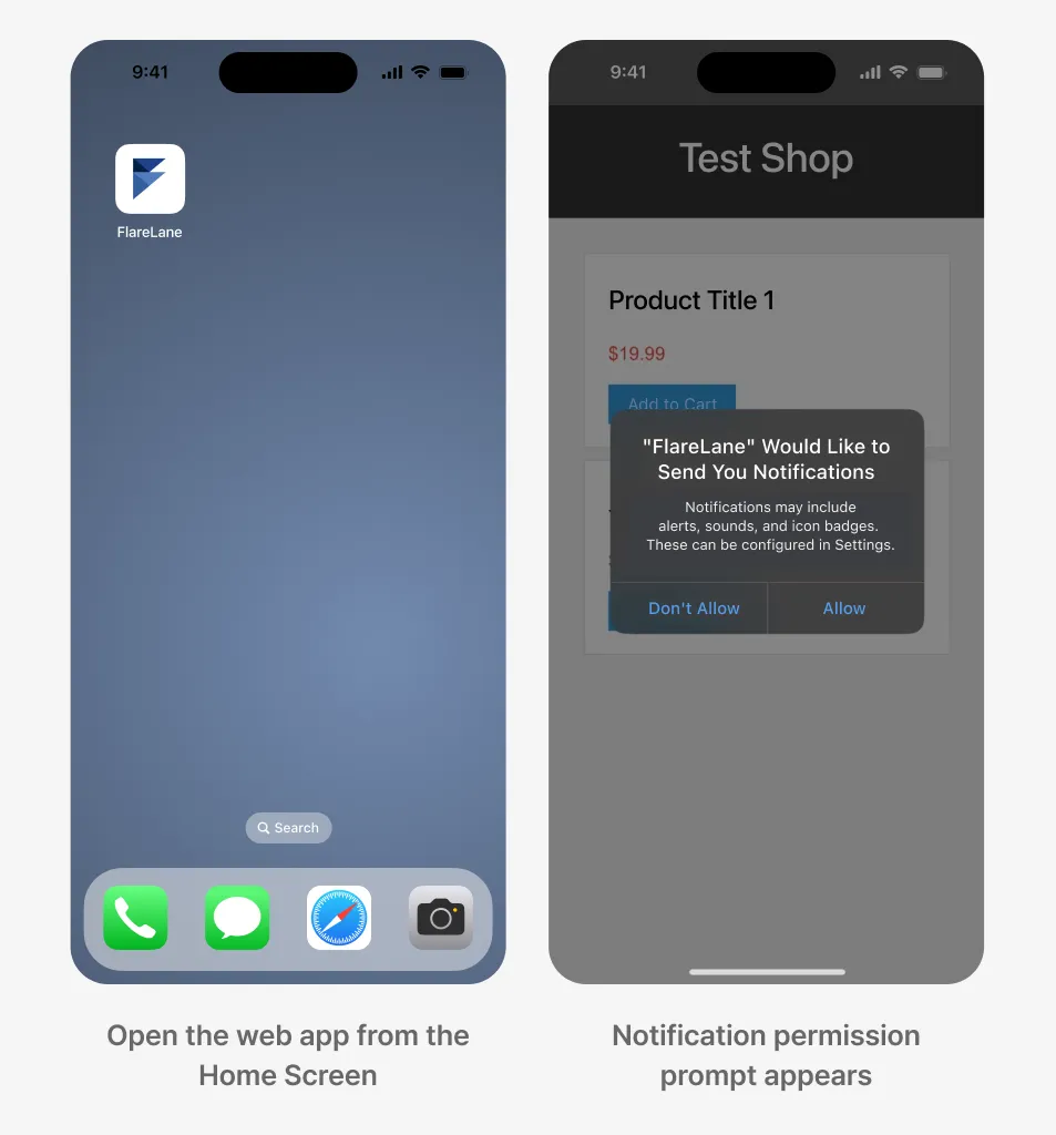 ホーム画面のウェブアプリを開いた際に表示されるiOSの通知許可プロンプト
