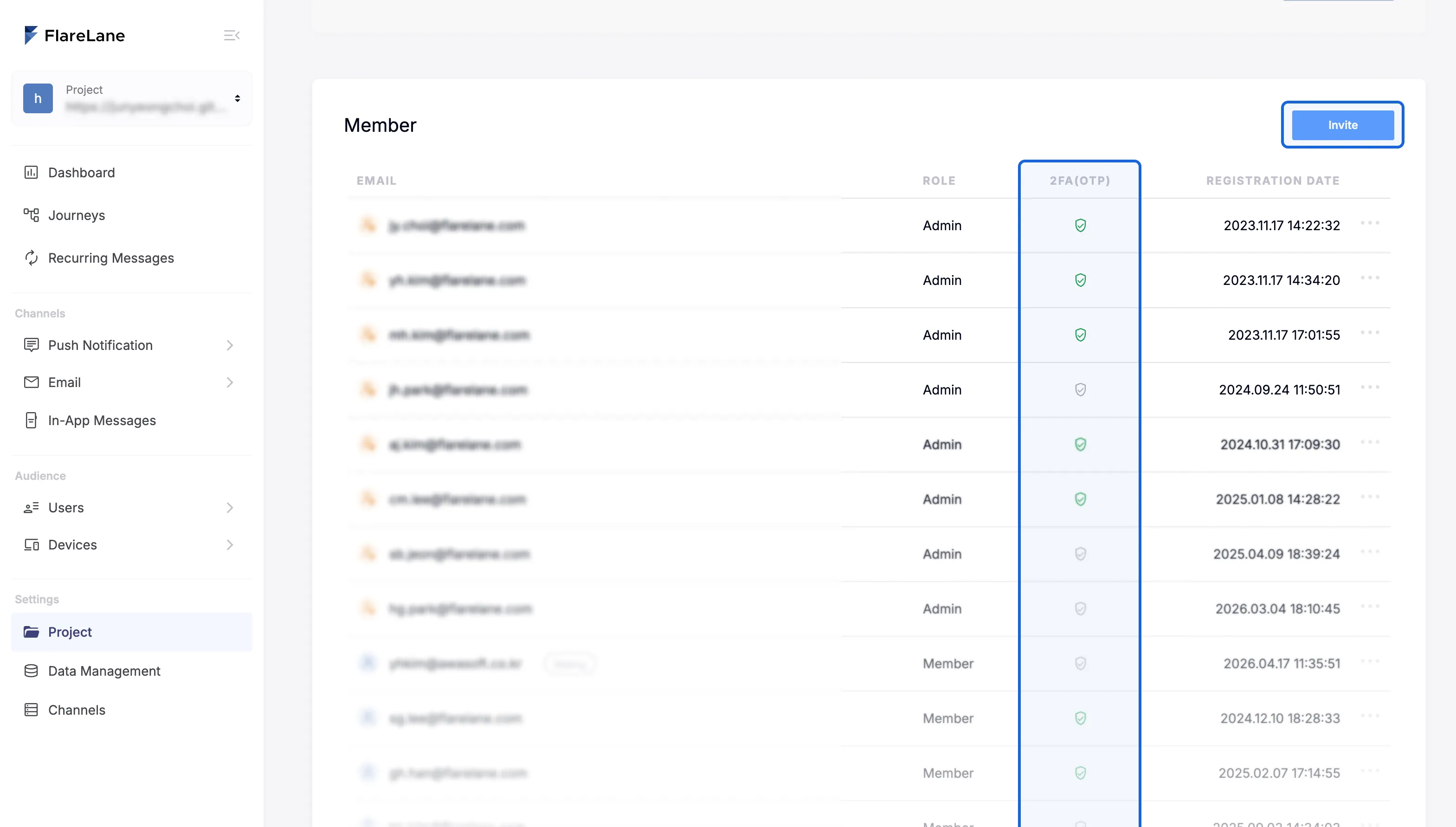 Member list showing 2FA setup status for each member in the project settings