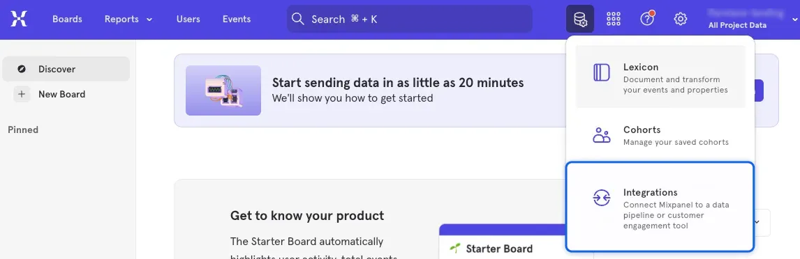 Mixpanel 콘솔에서 Integrations 메뉴가 강조된 화면