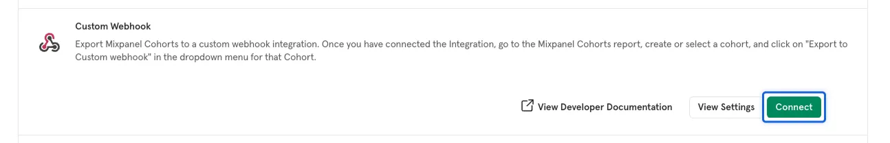 처음 Webhook 연동 시 Connect 버튼이 표시된 Mixpanel Custom Webhook 페이지