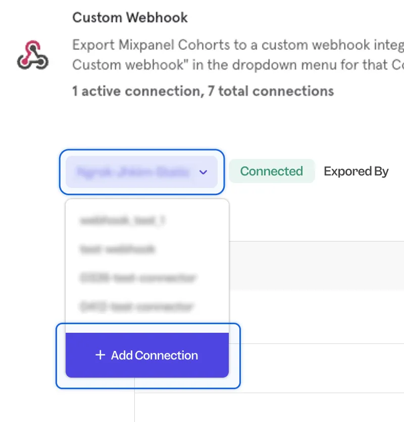 이미 Webhook이 연동된 경우 Add Connection 버튼이 표시된 Mixpanel 페이지