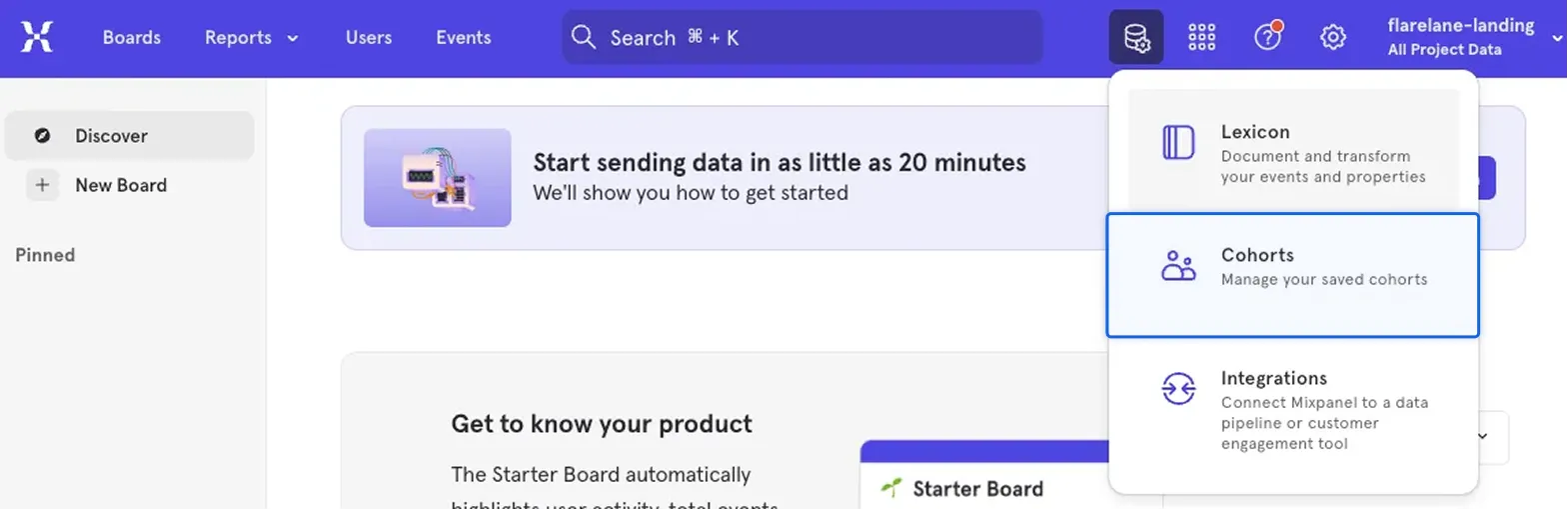 연동 가능한 코호트 목록이 표시된 Mixpanel 콘솔 Cohorts 페이지