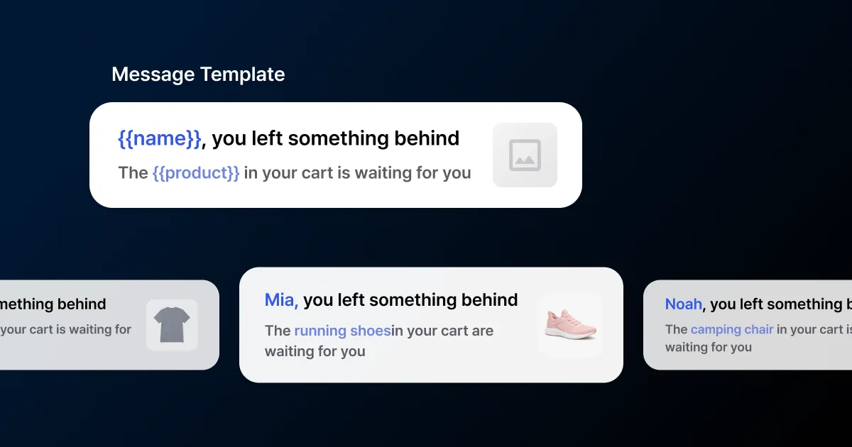 Thumbnail showing a message template personalized with name and product variables and conditional branching