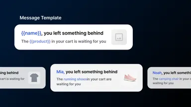 Thumbnail showing a message template personalized with name and product variables and conditional branching