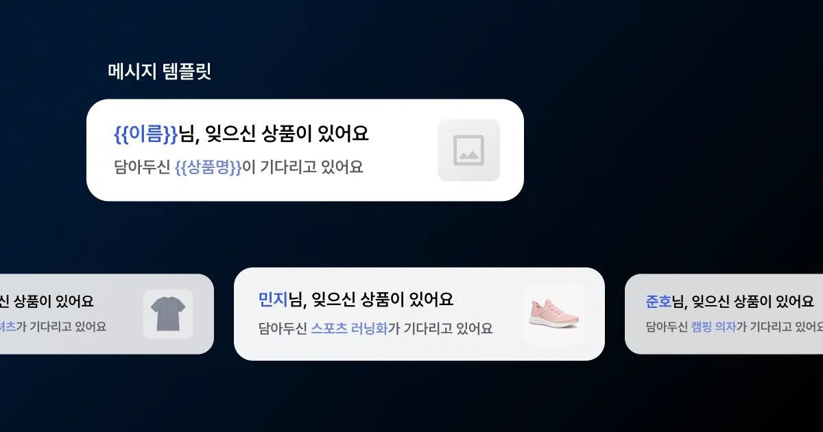 이름과 상품 변수, 조건 분기로 개인화한 메시지 템플릿을 보여주는 썸네일