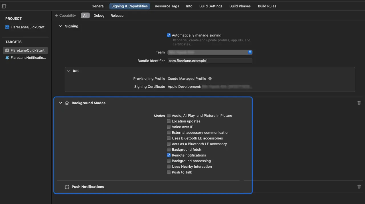 Xcode Signing and Capabilities tab with Push Notifications and Background Modes enabled