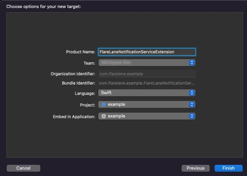 Xcode new target configuration with FlareLaneNotificationServiceExtension as product name