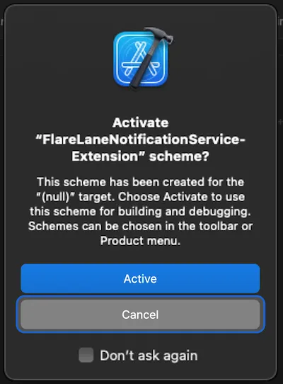 Xcode dialog asking to activate a new scheme with Cancel highlighted