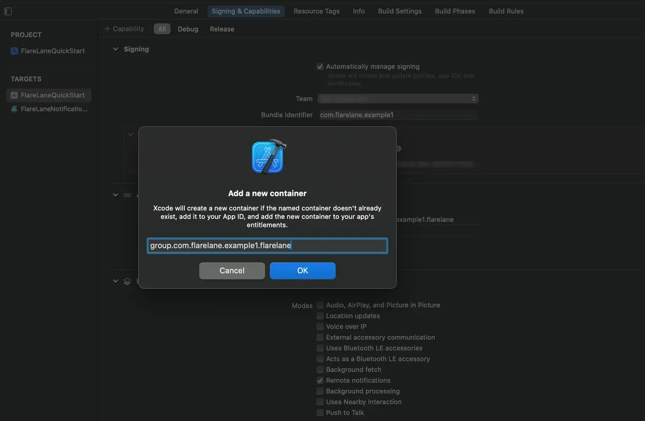 Xcode Signing and Capabilities with App Groups capability and flarelane group added