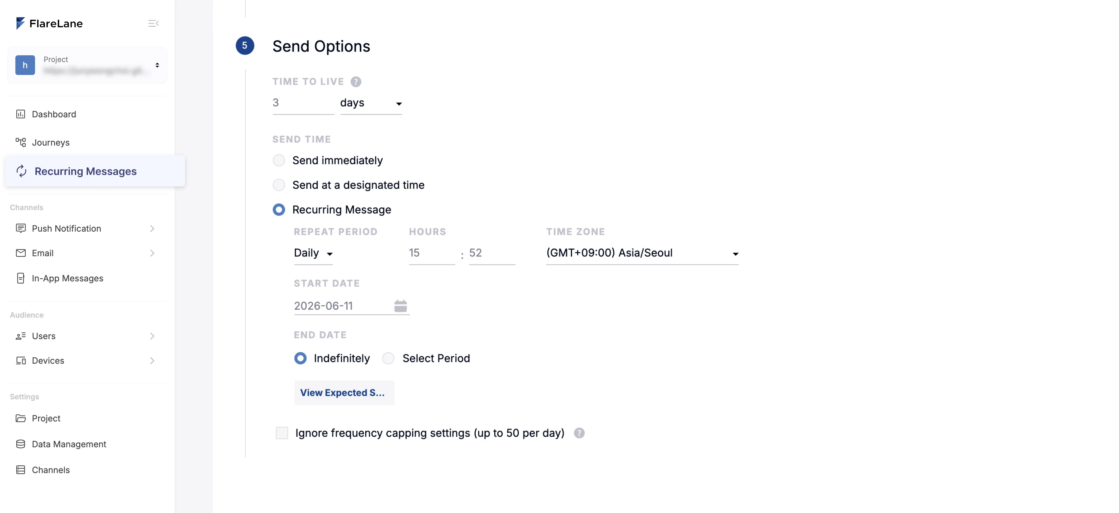 Recurring delivery send settings at the bottom of the new message page