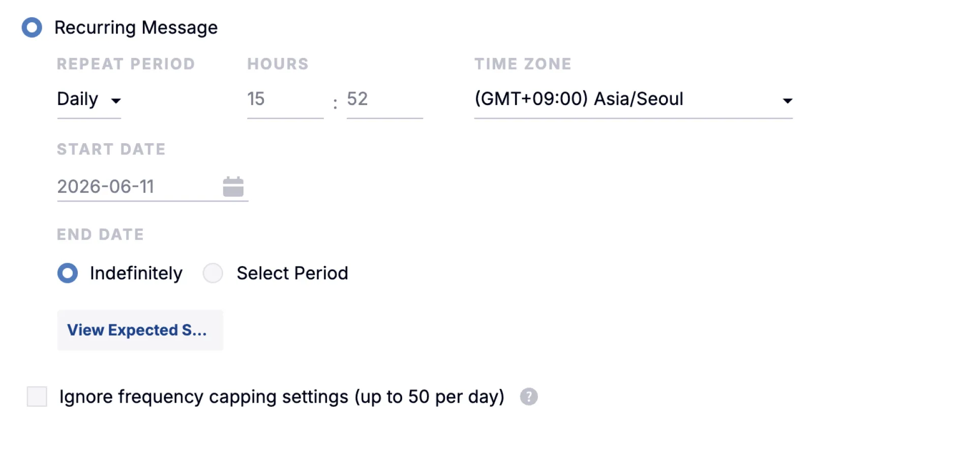 Daily recurrence frequency configuration settings