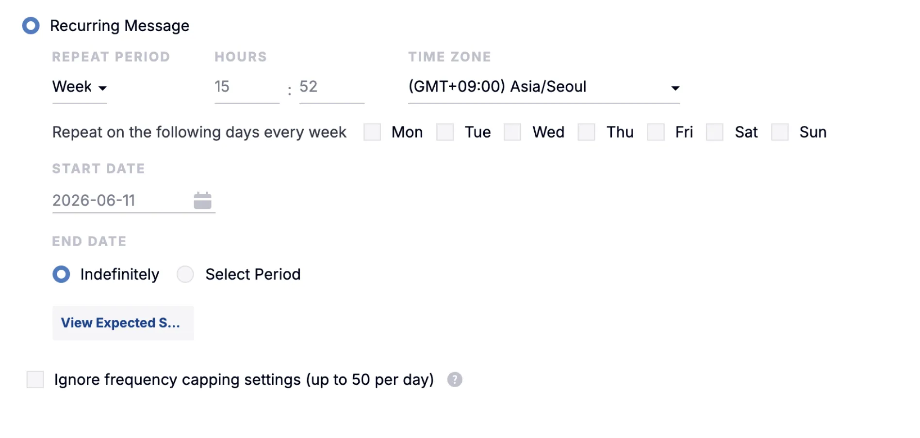 Weekly recurrence frequency configuration settings