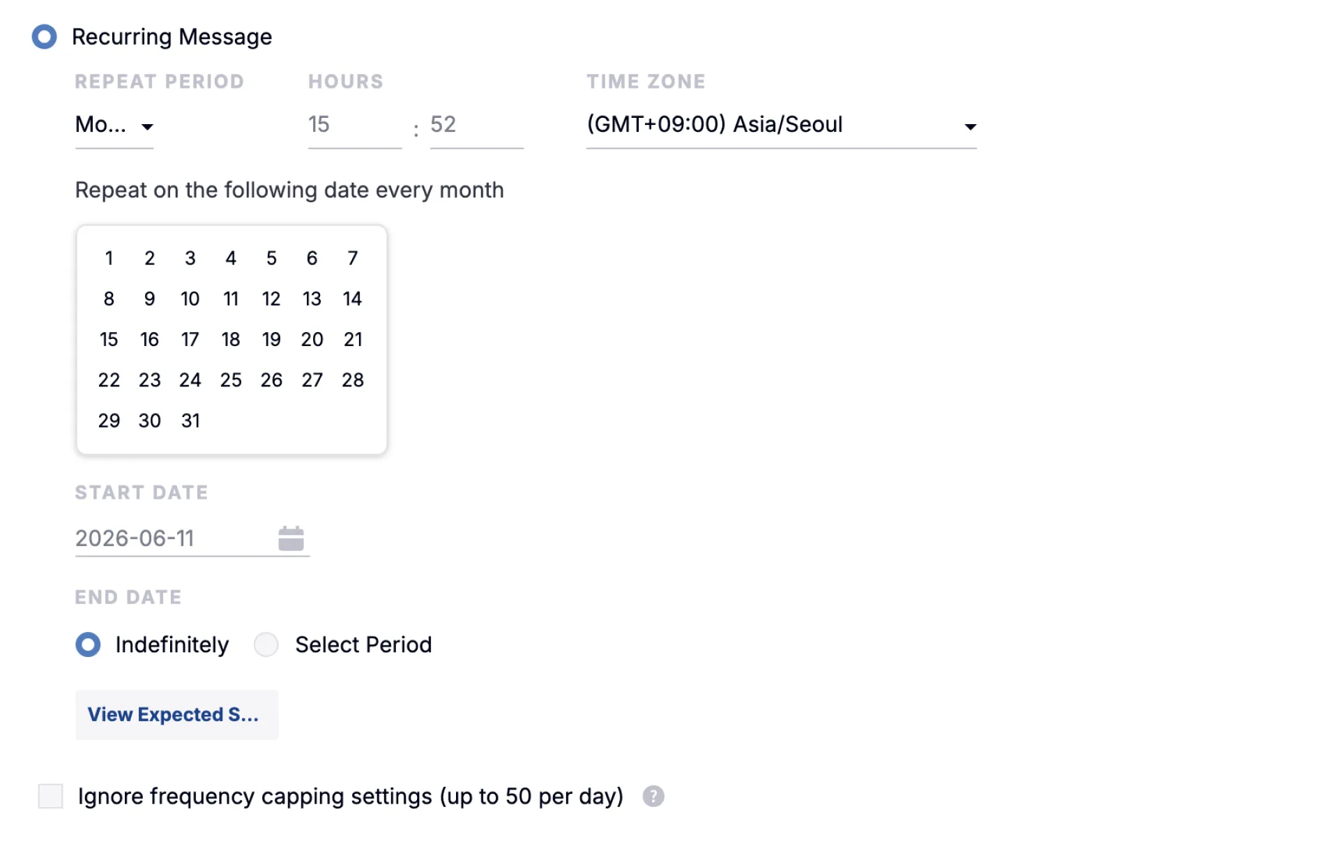 Monthly recurrence frequency configuration settings