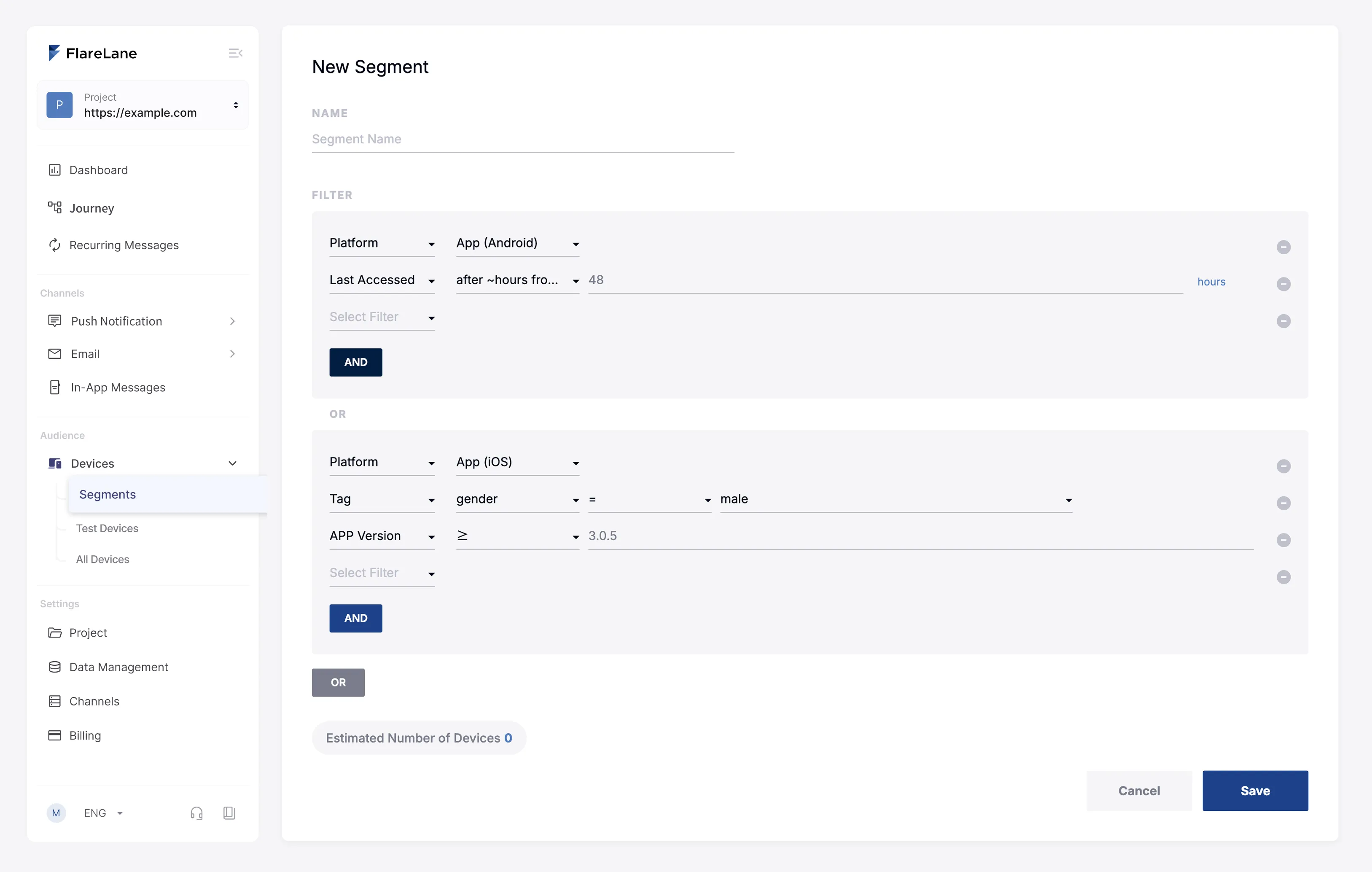 Segment filter builder with AND/OR logic in the FlareLane console
