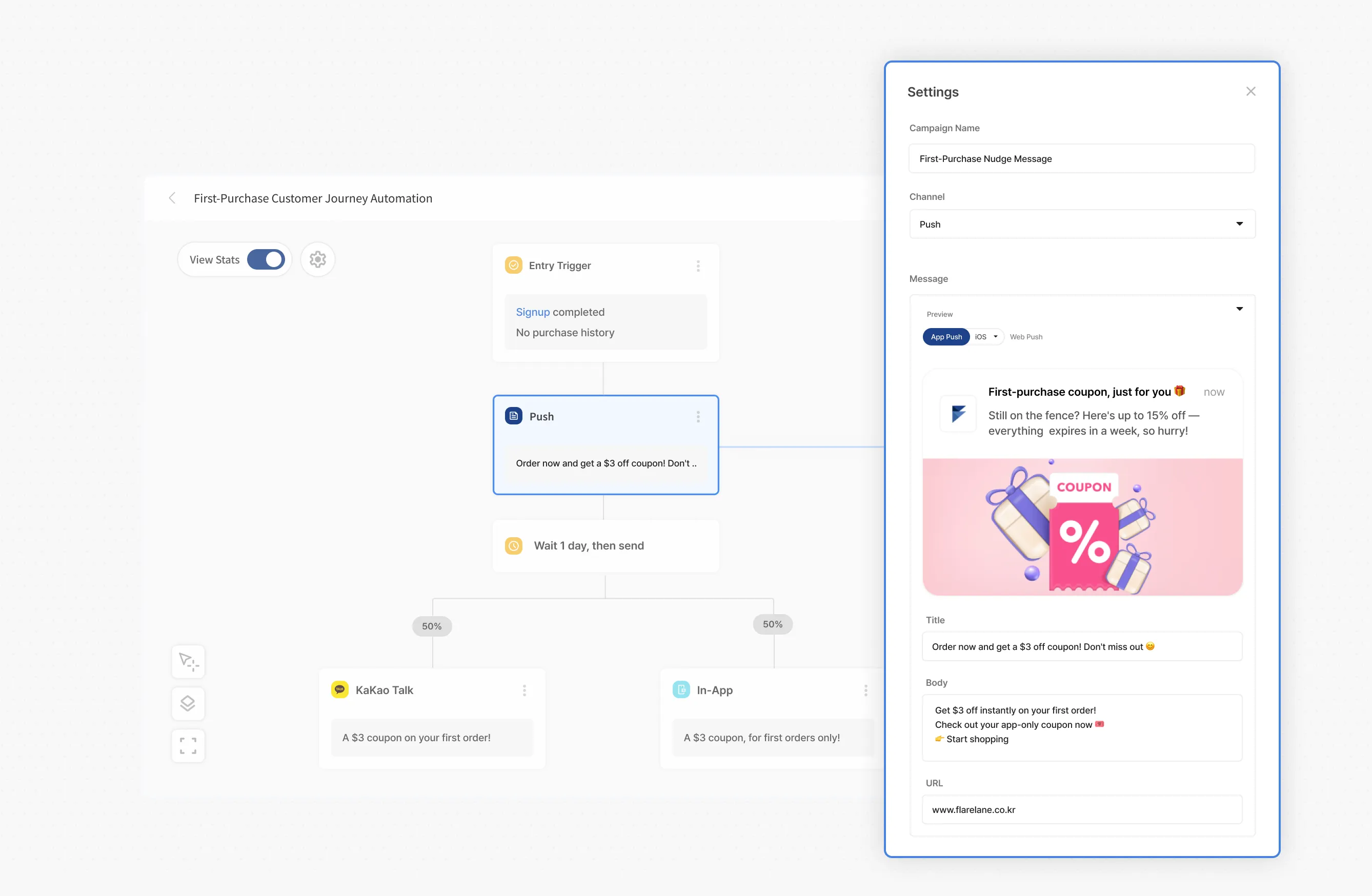 Customer Journey automation overview showing multi-channel campaign flow