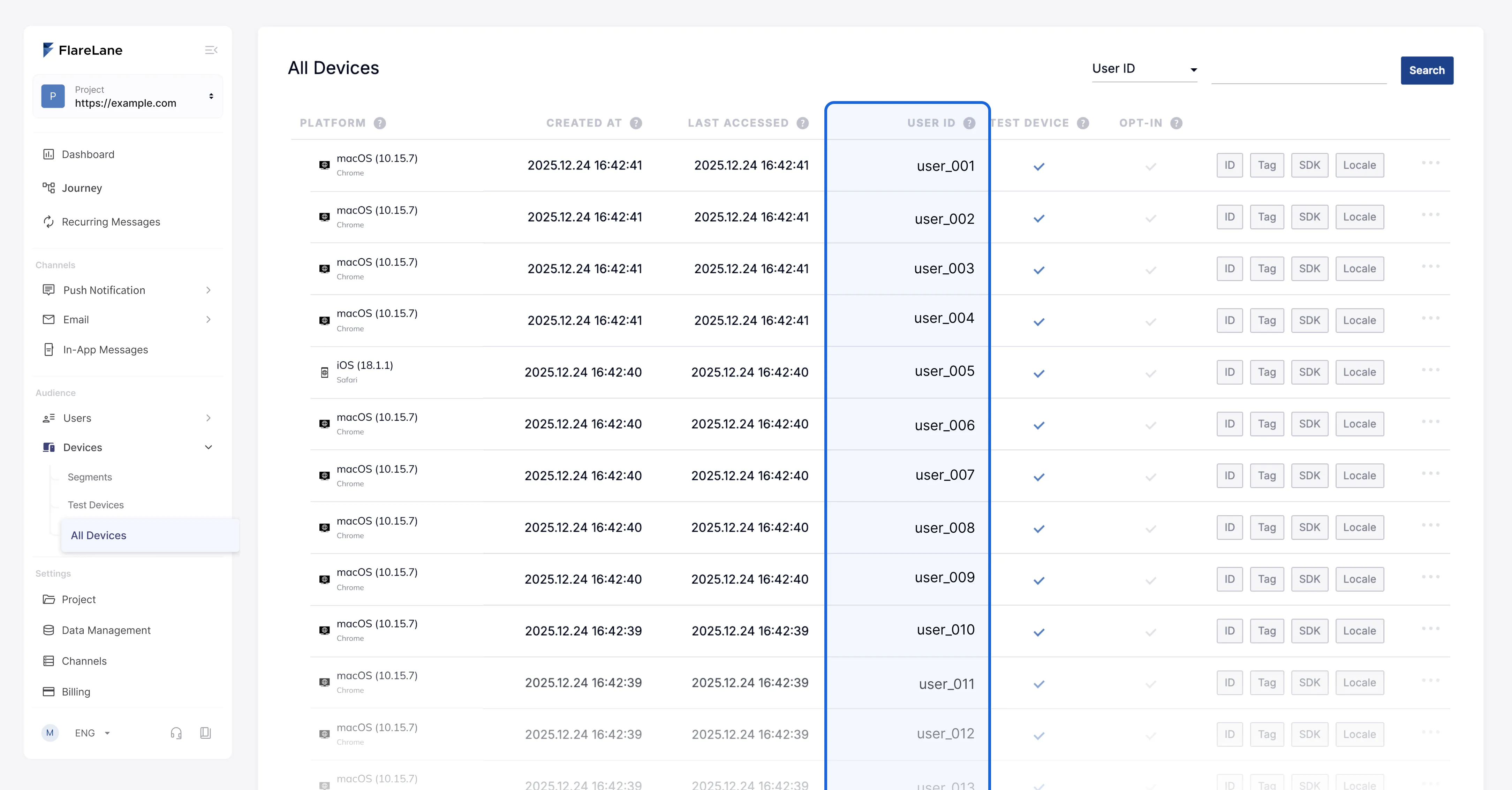 FlareLane device list displaying the linked User ID column