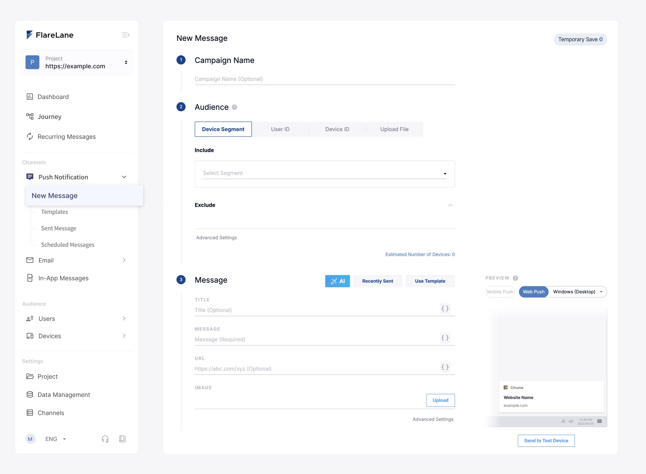 One-off web push compose screen with audience, message, and send timing settings
